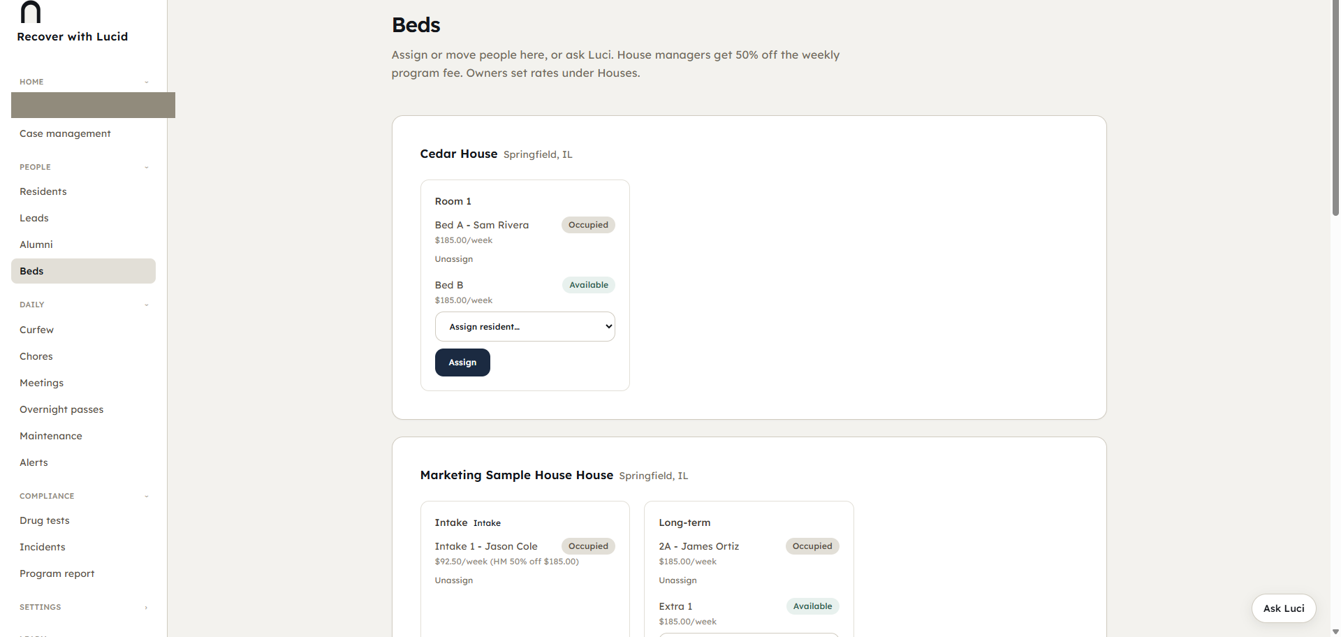 Lucid beds board showing rooms, open beds, and rates across houses