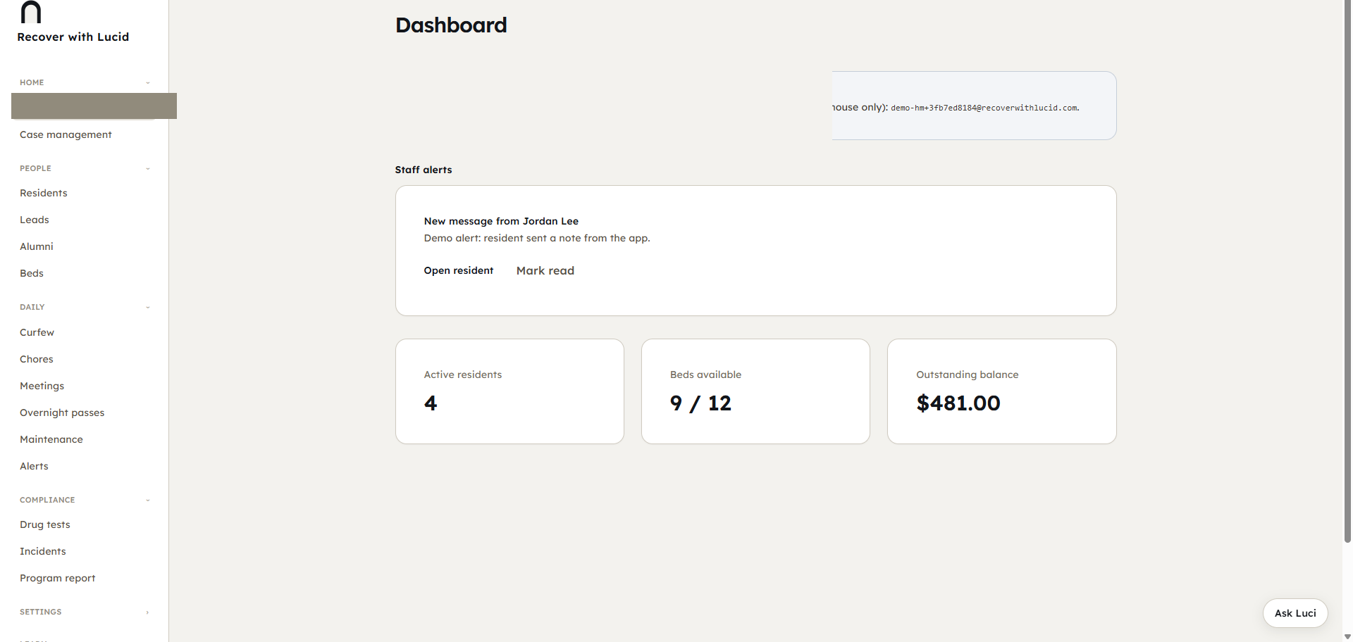 Lucid staff dashboard showing resident counts, open beds, and alerts