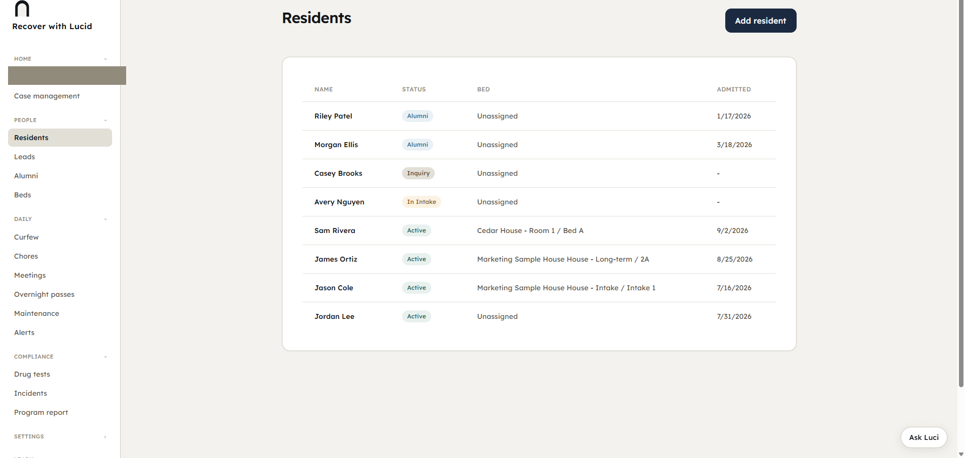 Lucid residents list with names, house placement, and balances